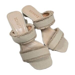 Schutz Amely Linen Double Strap Slip On High Heel Sandals‎ Beige Oyster Size 6